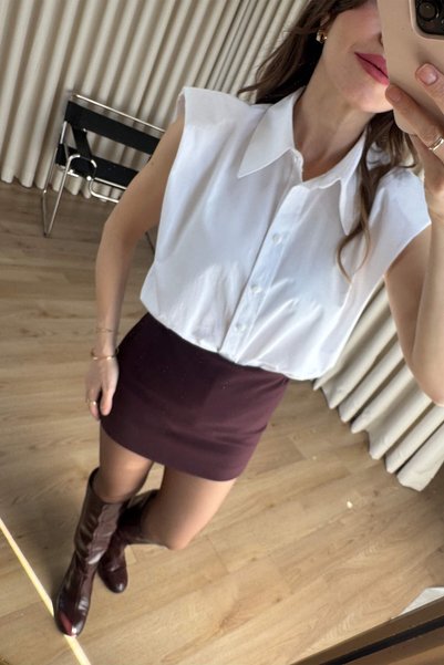 Sue Store Beyaz Vatkalı Sıfır Kol Gömlek