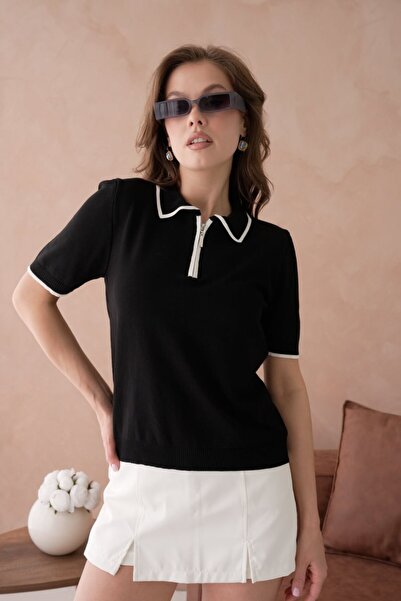 Noi Belis Soft-Textured Polo Collar Half Placket Buttoned Knitwear Blouse Ss2...