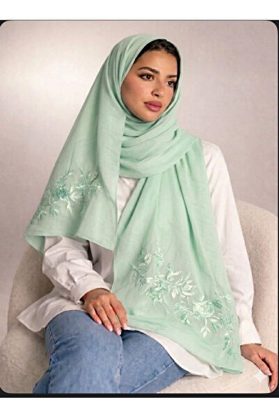 Veil Designer Two-layered apple green shawl with embroidery on both sides, Ja...
