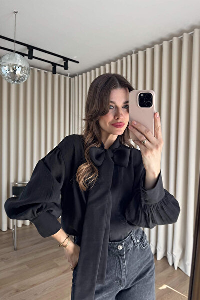 Sue Store Black Scarf Detailed Oversized Blouse