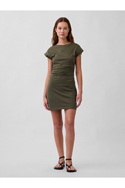 GAP Kadın Haki Mini Logo Ruched T-Shirt Elbise