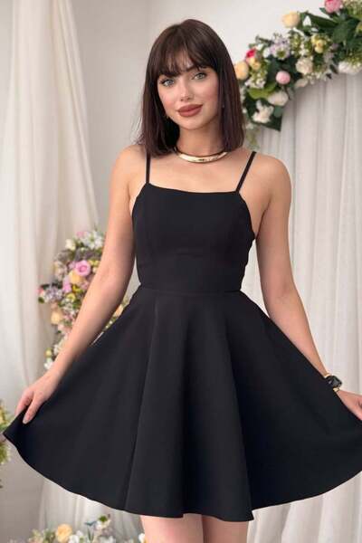 ZISHAN Kare Yaka İnce Askılı Mini Elbise - Kabarık Etekli Cocktail Parti Mezu...