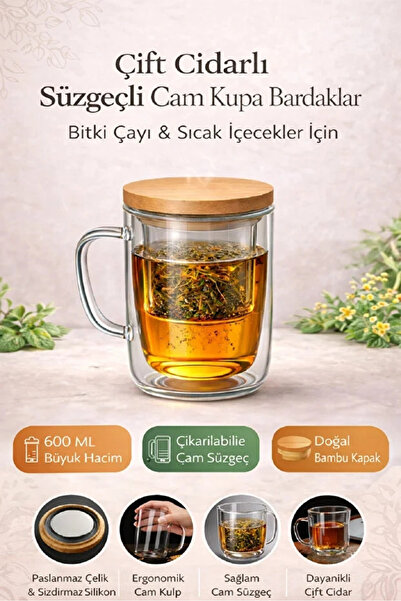 Rosemor 1 adet Süzgeçli Cam Kupa Bardak 400 ml Çift Cidarlı Isı Yalıtımlı Bam...