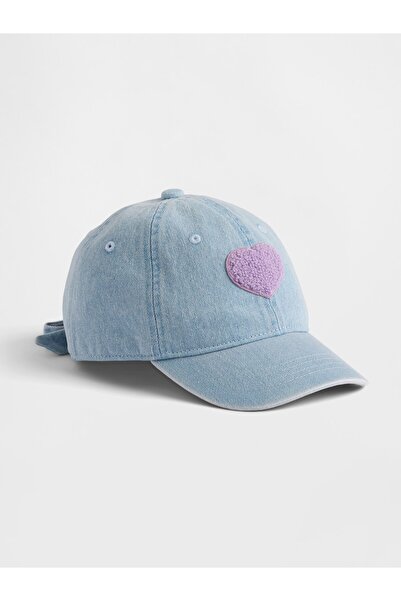 GAP Kız Çocuk Açık Mavi Denim Terry Heart İşlemeli Beyzbol Şapka