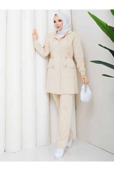 moda4b طقم بدلة رياضية نسائية من قطعتين مع سترة طويلة من خيطين وأزرار n-05501...