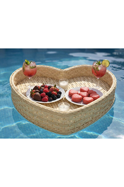 NAVRUZ METAL Yüzen Rattan Havuz Tepsisi Kalp Servis Tepsisi