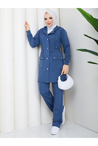 moda4b Γυναικείο Σετ Φόρμας 2 Τεμαχίων με Μακρύ Μπουφάν Δύο Νημάτων και Κουμπ...