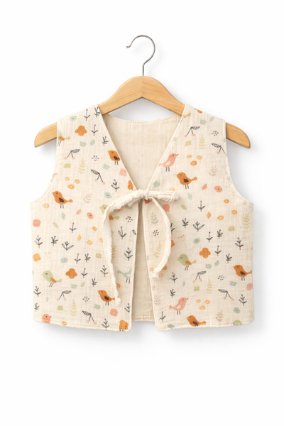 PUFFYBOO %100 Pamuk Müslin Bebek Yelek – Çift Kat, Bağlamalı, Kuş Desenli
