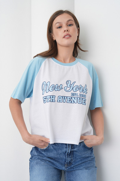 caddekombin Γυναικείο μπλουζάκι μπλε Νέα Υόρκη με τύπωμα 100% Βαμβάκι Raglan ...