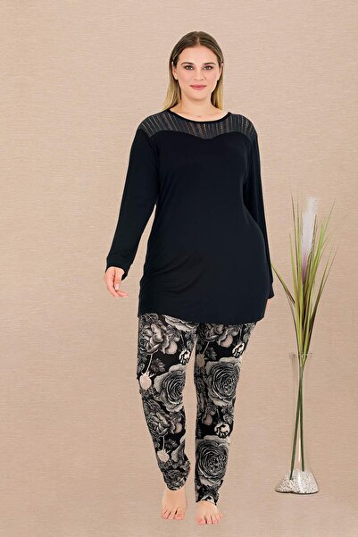 by İGP Black Plus Size Long Sleeve Long Tunic Pajama Set