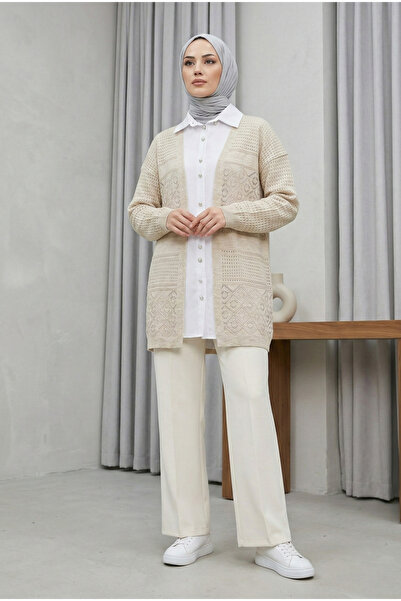 MODAQU Lace-Like Knit Knitwear Cardigan - Stone
