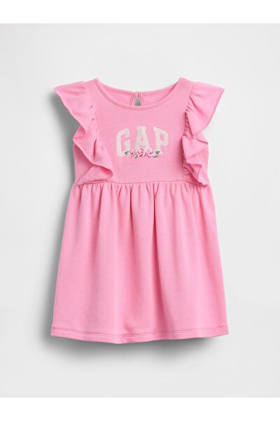 GAP Kız Bebek Pembe Fransız Havlu Kumaş Ruffle Logo Elbise