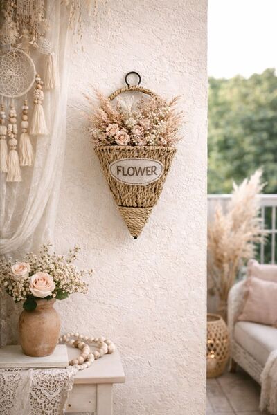 NEWNOW Jardinieră de perete din răchită, boemă, rustică, decorativă, coș susp...