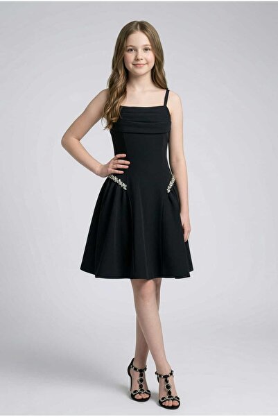 SIRRI Kız Çocuk Siyah Taş Detaylı Fiyonklu Abiye Elbise 10-15
