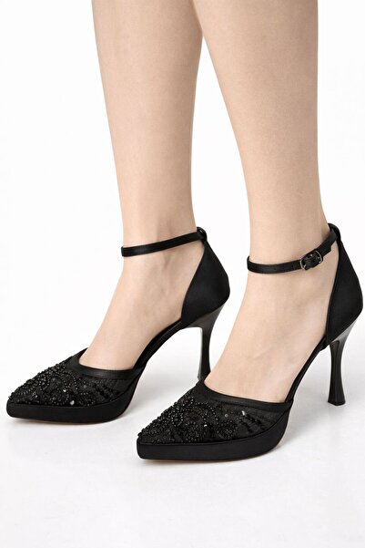 Luminous Black & Evening Shoes – 8 cm Thin Heels, Platform, Stone Embroidered Special Design
