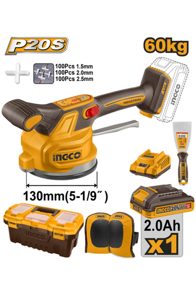 Ingco Cordless tile vibration machine 20V with battery & charger & putty trowel & tile spacer & tool box