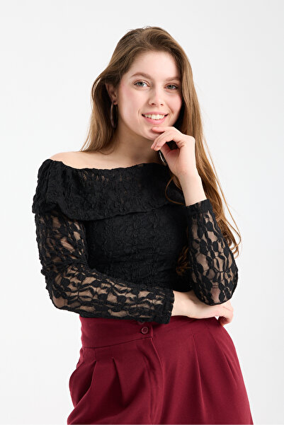 sumoda Γυναικεία μπλούζα Λεπτομέρεια στους ώμους ελαστικό ύφασμα Δαντέλα