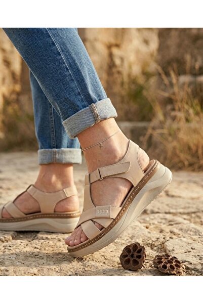 Ender Inside Outside Genuine Leather Soft Sole Beige Women Sandals