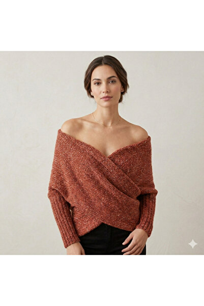 R&N HANDMADE DESIGN El Örgüsü Kiremit / Kahve Moher İplik Şal Hırka- Aşk Sarmalı