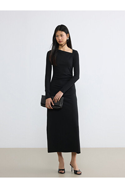 LC Waikiki Lcw Vision Black Boat Neck Gathered Dress with Nevavm Difference -...