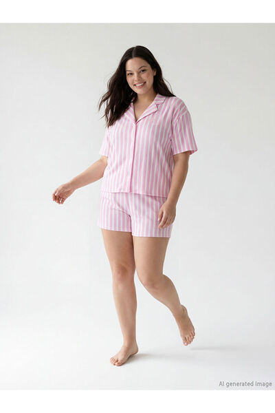 LC Waikiki Ροζ Γιακάς πουκαμίσου Ριγέ Γυναικείο Σετ Πιτζάμες με Σορτς