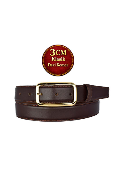 GoDeri piele naturală , 3 cm Culoare aurie cu cataramă , Maro închis, Cusut c...