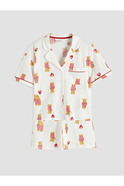 LC Waikiki Ecru bear teddy Patterned women's shorts pajama set