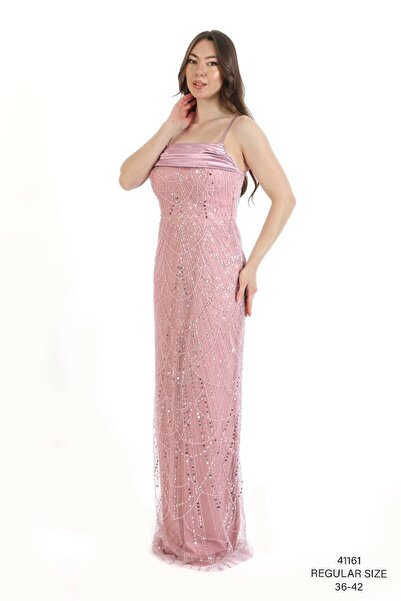 asyadabutik Women's Satin Degaje Evening Dress with Rope Straps