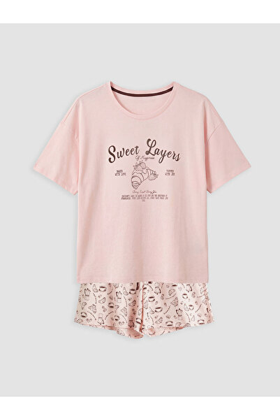LC Waikiki Pink Crew Neck Printed Women's Shorts Pajama Set