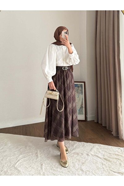 Miraydın Butik Patterned and Belt Piece Chiffon Skirts - Brown