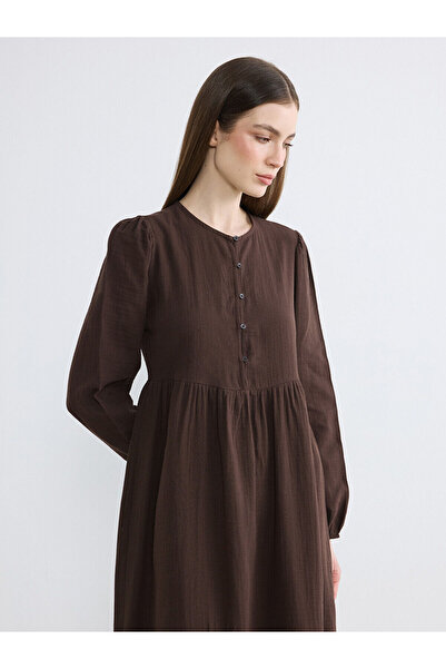 LC Waikiki Lcw Modest Brown Shirred Muslin Long Dress with Nevavm Difference ...
