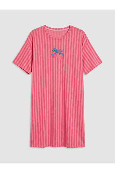 LC Waikiki GÜLİS GİYİM'DEN Pembe Bisiklet Yaka Çizgili Kadın Gecelik