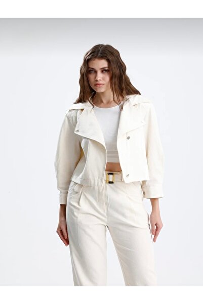Butik Asimetrik Kapamalı Crop Keten Ceket - Truvakar Kol Mevsimlik Ceket