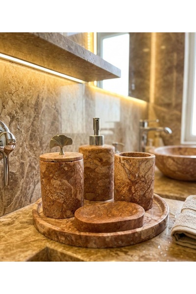 Mermerhome Kırmızı Traverten 5'li Banyo Seti
