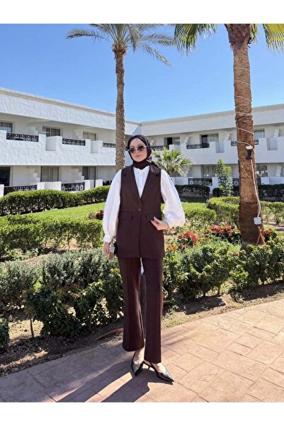 Miraydın Butik Double Fabric Single Button Vest and Trouser Set - Dark Brown