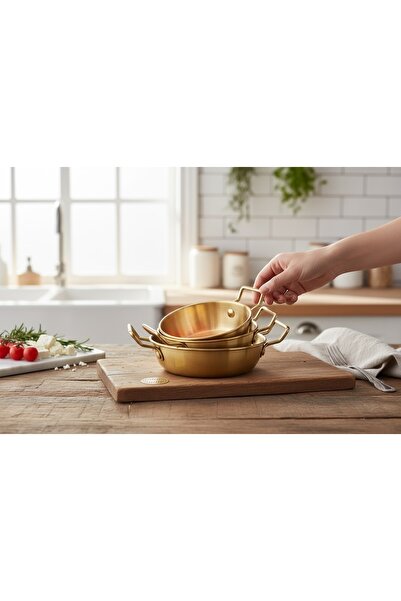 MİEN Mini Plate with Metal Handle 3 Pieces 10-12-14 cm Gold Breakfast Serving...