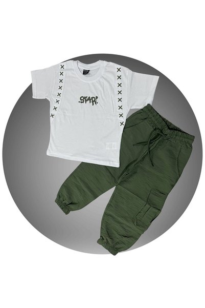 sinmm Boy's Parachute Fabric Bottom - Combed Cotton Top 2-Piece Set (Khaki)