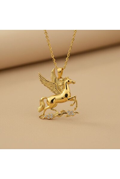 cleffer Pegasus Kanatlı At Kolye – 3D Figürlü Gold Zincirli Zirkon Taşlı Unis...