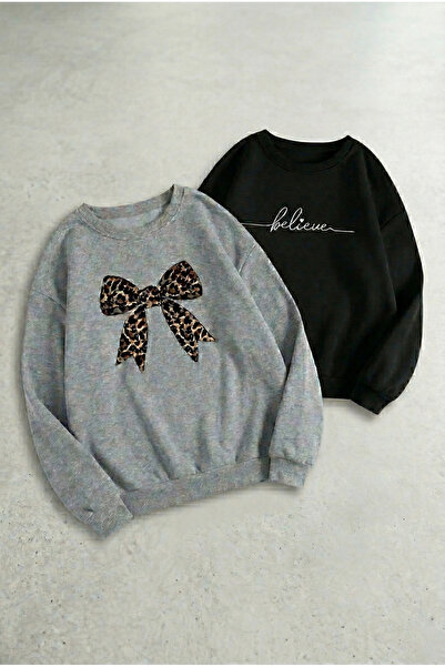 Trend Sizde Black Gray 2-Piece Set Printed Crew Neck Sweatshirt