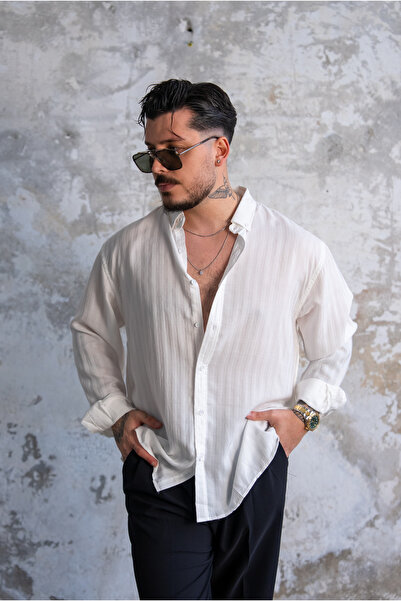 OUTFİT MAN Şeritli İnce Oversize Gömlek Beyaz
