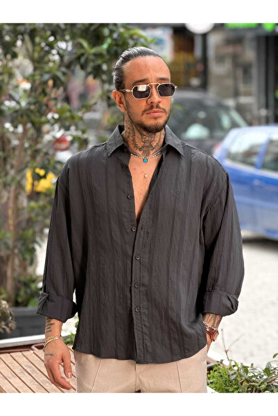 manch collection Oversized Modal Self-Striped Patterned Shirt Anthracite