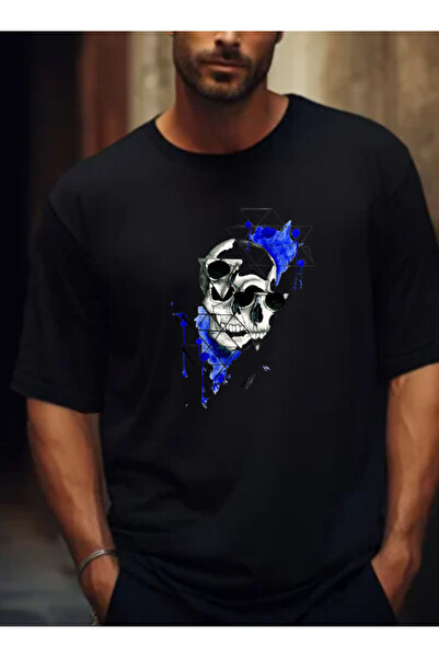 TİMİSİVA Unisex Oversized Sanatsal Printed Crew Neck Short Sleeve Black T-Shirt