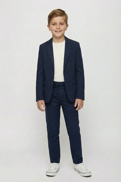 Merdia Boy's Linen Look Suit (Jacket, T-Shirt and Trousers with Elastic Waistband) Navy Blue