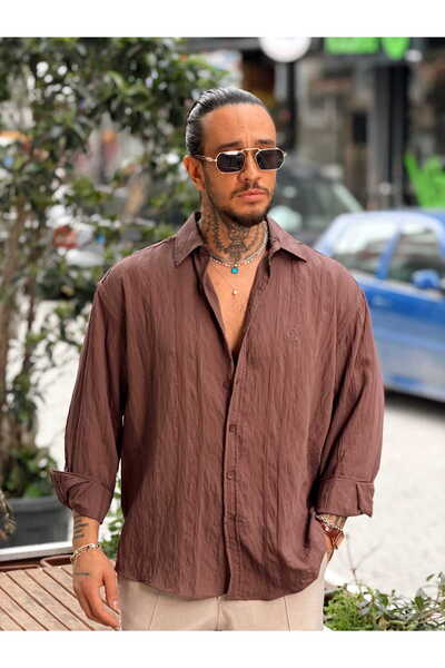 manch collection Oversized Modal Self-Striped Patterned Shirt Brown