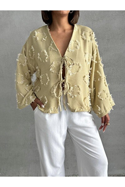 URİS Γυναικείο λινό πουκάμισο με πράσινη φούντα με λεπτομέρειες εποχιακό καλο...