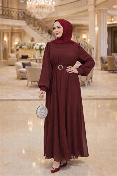 Dipmoda Women's Burgundy Tulle Fabric Belt Detail Plus Size Hijab Dress Dpft006