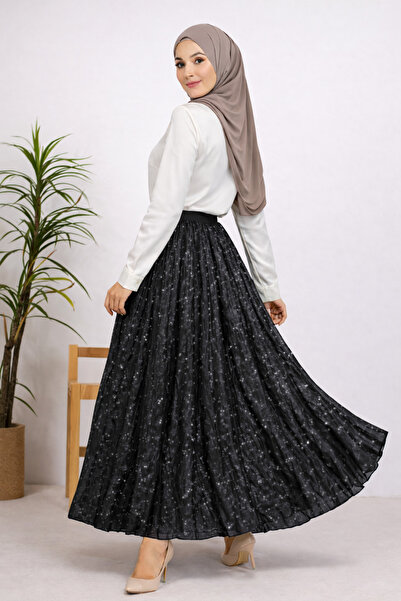 fera butik Işıltılı Taş Detaylı Beli Lastikli Pliseli Tesettür Etek