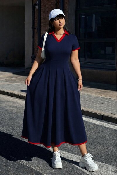 JANES Women's Short Sleeve V-Neck Pleated Long Janjan Crepe Dress