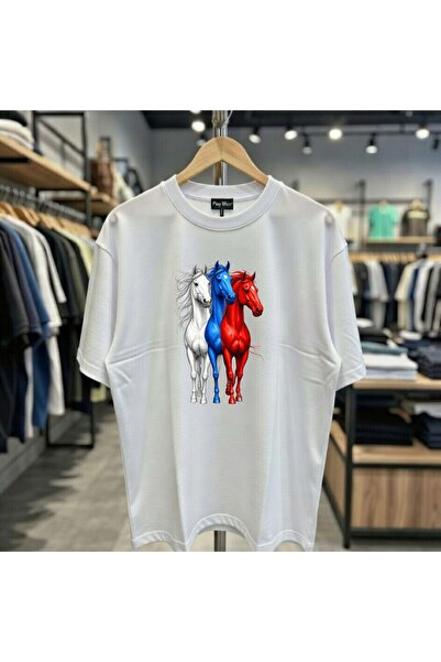 playwear Λευκό Μπλε Κόκκινο Μπλουζάκι με στάμπα αλόγου, 100% βαμβακερό, κανον...