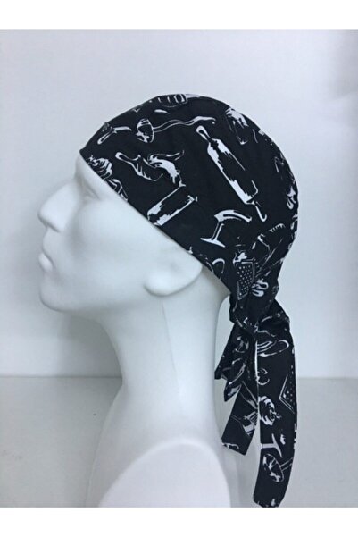 moontime alaçatı Şık Siyah Mutfak Desenli Aşçı Kep Şapka Bandana